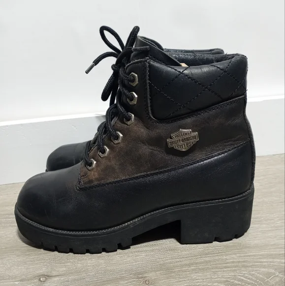 Harley-Davidson Woman's Black Leather Platform Heeled Boots Size 6.5 - Picture 3 of 11